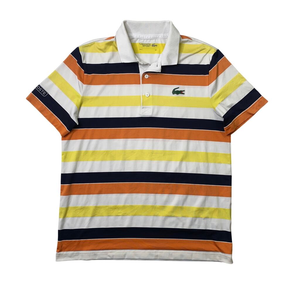 Lacoste Sport Shirt Mens L Large White Multi Striped Lightweight Stretch Golf